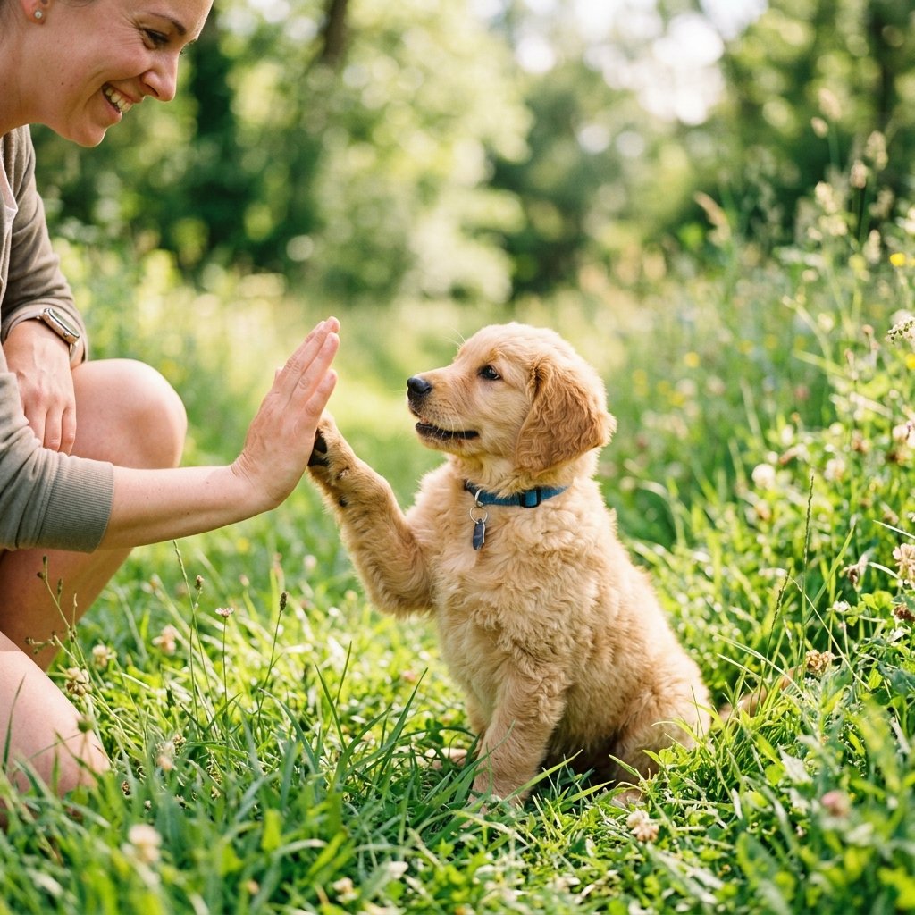 Puppy learning high five paw shake in park