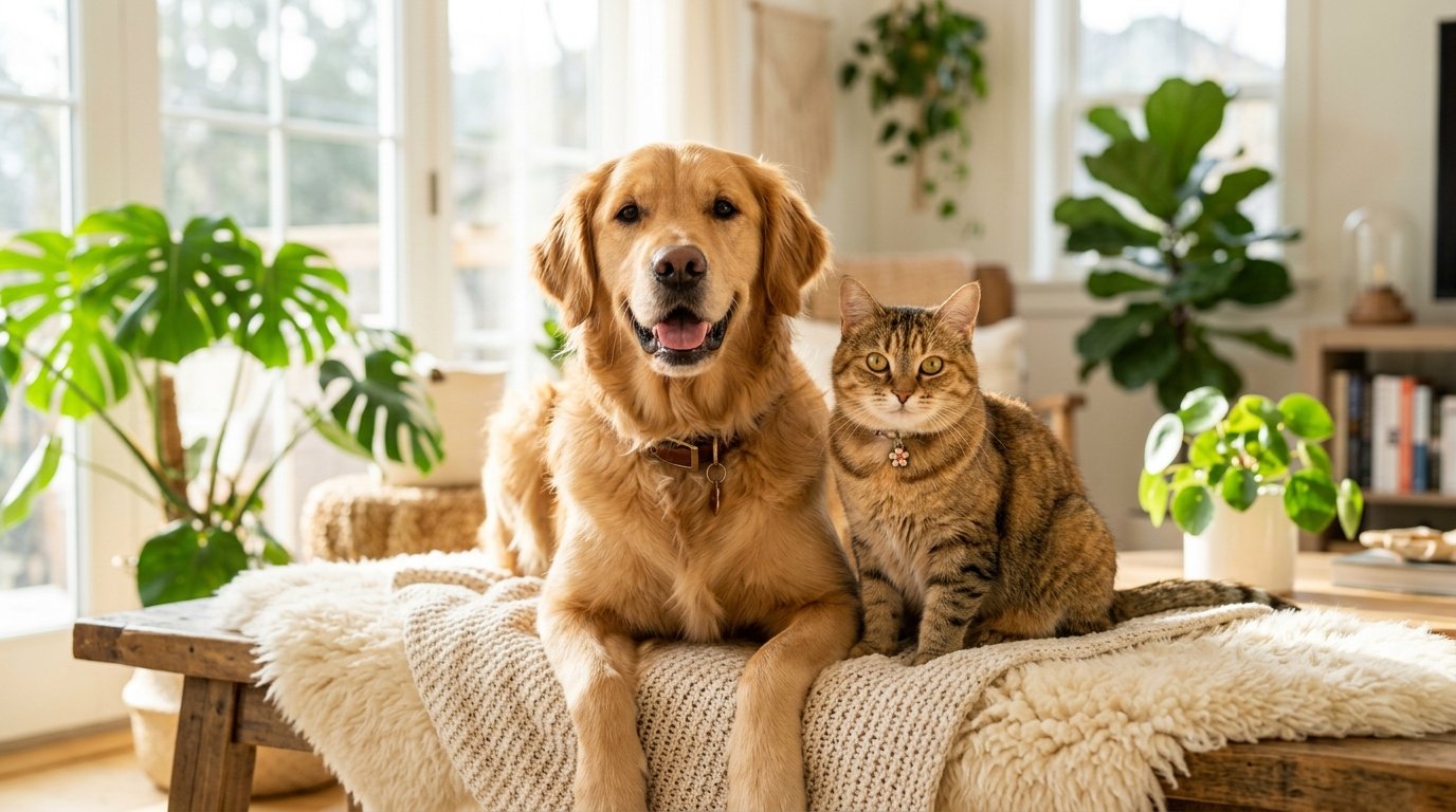Happy golden retriever and tabby cat side by side in home